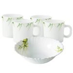 Larah by Borosil Hub Opalware Set – 4 x 180ml Cups and 1 Snack Bowl (5 Pieces) | Microwave and Dishwasher Safe | Ideal for Tea, Coffee, and Casual Meals