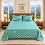 Linen and Loom Teal Geometric Queen Size Bedsheet with 2 Pillow Covers | Soft, Breathable & Bedding Set | Modern Diamond Pattern Room Decor (90 x 100 Inches)