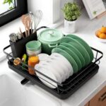 HomeWiz Dish Drying Rack | 3 in 1 Heavy-Duty Dish Drainer Basket with Drain Tray & Built-in Cutlery Holder | Utensils Drying Rack | Bartan Stand | Kitchen Countertop Organizer | Black