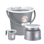 RATAN PLASTICWARE Plastic Bathroom Set of 3 Pieces Combo Pack Gloria Plain,18 Liters Bucket + Nova Stool Patla 107 + Gloria Plain Bath Mug 1 Liter – NIR Silver