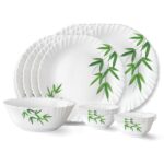 Larah by Borosil Bamboo Leaves Fluted Series Opalware Dinner Set | 13 Pieces for Family of 4 | Microwave & Dishwasher Safe | Bone-Ash Free | Crockery Set for Dining & Gifting | Plates & Bowls | White
