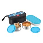 CELLO MF Trent Plus Lunch Box with Bag for Office, Blue | 300ml x 2 Steel Containers, 500ml Oval Plastic Containers, Leak Proof Airtight Snap Lock Lid Tiffin Box Set for School Kids, College & Travel