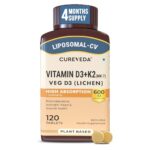 Cureveda Liposomal Vitamin D3 600 IU + Vitamin K2-7 & Turmeric | High Absorption Bone & Heart Support | Promotes Muscle Health & Immunity | 120 Tablets (120 Day Pack)