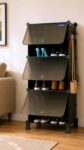 BOXJOY 6 Shelf Black Shoe Rack with 3 Doors, 5 Hook Steel Holder & Wooden Hammer Home Storage PP Plastic Organizer with Metal Door Frame and Foots for Chappal Slipper Sandals Shoes Box Stand