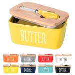 Ceramic Butter Dish with Wooden Lid and Stainless Steel Knife, Large Butter Container Keeper with Bamboo Cover and Silicone Sealing Ring for West and East Coast Butter (Yellow)