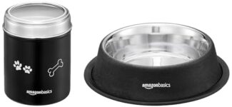 Amazon Basics Stainless Steel Pet Feeding Bowls for Dog & Cats | Anti Slip Base | 2 Pcs Set | Canister & Pet Bowl in Black Color | Canister 1000 ml & Bowl 700 ml