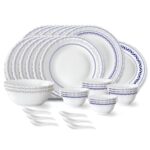Larah by Borosil Jazzblue Fluted Series Opalware Dinner Set | 33 Pieces for Family of 6 | Microwave & Dishwasher Safe | Bone-Ash Free | Crockery Set for Dining & Gifting | Plates & Bowls | White