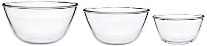 Amazon Brand – Solimo Mixing/Serving Borosilicate Glass Solid Bowl Set (3 pieces, 1600ml, 1100ml, 550ml), Transparent