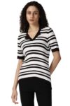 Van Heusen Women White Stripe Casual Stylized Neck Top