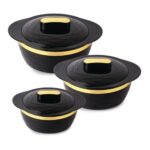 Cello Gold Crust Insulated Casserole Set of 3, (500ml, 1000ml, 1500ml) Black | Double Walled, PU Insulated | Hot Pot Case Keeps Food Fresh & Hot for Long Hours | Casserole Set for Roti, Chapati, Rice