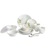 CELLO Lush Foliage Dazzle Series Opalware Dinner Set of 40 Pieces for Family of 6 | Bone-Ash Free & Leadfree Opal Glass, Microwave & Dishwasher Safe Plates & Bowls Crockery Set for Dining & Gifting