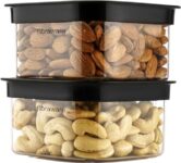 Floraware Food Safe Plastic Multiuse Square Fit-Lock Airtight Storage Jar,Containers for Kitchen Storage Set I Grocery Kitchen Container Set I Multipurpose Jar, 450 ml, set 2 BPA free, Black