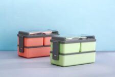 Dimazofly Double Decker Plastic Lunch Box | 3 Detachable Compartments, 2 Spoons & Stylish Lid | BPA-Free & Airtight (Orange, Light Green)