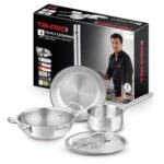 Bergner Tripro Triply Stainless Steel 4 Pc Cookware Set, 24 cm Indian Wok/Kadai with Lid, 22 cm Frypan, 16 cm Tea Pan, Even and Fast Heating, Induction Bottom, Gas Ready, Silver