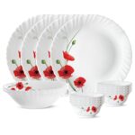 Larah by BOROSIL Red Carnation Opalware Dinner Set, (14-Pieces, White)