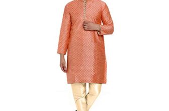 Veera Paridhaan Men’s Ethnic Jacquard Full Sleeve Printed Long Kurta Set(Peach Kurta, Golden Pajama, Size-40)