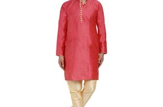 Veera Paridhaan Men’s Ethnic Jacquard Full Sleeve Printed Long Kurta Set(Pink Kurta, Golden Pajama, Size-36)