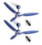 LONGWAY Zephyr 1200 mm BLDC Ceiling Fan with Remote Control | BEE 5 Star Rated Energy Efficient | Ultra High Speed 3 Blade Anti-Dust Decorative Ceiling Fan (Silver Blue, Pack of 2)