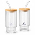 HomeWiz Ribbed Glass Tumbler Set of 2 (450ml) with Bamboo Lid & Glass Straw – Vintage Sipper Glasses | Borosilicate Cups for Cold Coffee, Iced Tea, Juice & Smoothies | Reusable Cold Brew Tumbler
