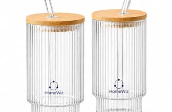 HomeWiz Ribbed Glass Tumbler Set of 2 (450ml) with Bamboo Lid & Glass Straw – Vintage Sipper Glasses | Borosilicate Cups for Cold Coffee, Iced Tea, Juice & Smoothies | Reusable Cold Brew Tumbler