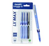 Luxor Schneider LX MAX roller ball pen, Pack of 4, 3 Blue+1 Black, Needle Tip, 0.5mm, 100% German Technology, 1000+ mtrs writing length, Waterproof Ink, Ideal for Students & Professionals