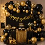 PartySutra Black and Golden Balloons Birthday Decoration Kit – 37Pcs for Men, Boys, Husband, Golden Balloons for Birthday, Happy Birthday Banner | Black Theme Decoration | Gold Theme Decoration