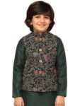 KISAH Boy’s Cotton Blend Regular Fit Printed Black Multi Nehru Jacket (9-10Y)