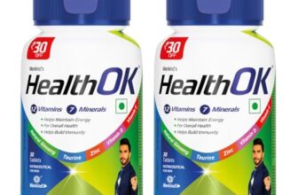 Health OK Multivitamin with Natural Ginseng, Taurine power, Daily Energy, alertness, Vitamin D, C & other 18 multivitamins minerals, for Overall Health, 60 Tablets (Veg)