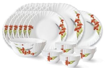 Larah by Borosil Red Iris Fluted Series Opalware Dinner Set | 27 Pieces for Family of 6 | Microwave & Dishwasher Safe | Bone-Ash Free | Crockery Set for Dining & Gifting | Plates & Bowls | White