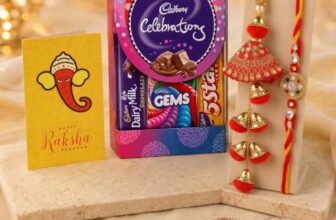 Rakhi Gift for Brother Bhabhi with Cadbury Celebration Chocolates Pack, Rakhi Gift for Bhaiya Bhabhi with Rakshabandhan Greeting Card, Stone Studded Beaded Floral Rakhi for Brother Bhabhi with Cadbury,Greeting Card, Tilak set