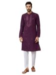 See Designs Men’s Long Sleeve Mandarin Collar Side Slit Dark Purple Embroidered Chanderi Silk Straight Kurta – SDKT2579L