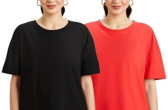 Amazon Brand – Symbol Women’s Cotton Stretch Oversized Fit Round Neck Half Sleeve T-Shirt (Combo Pack of 2) (TS-8 Cont_Black & RED_S)