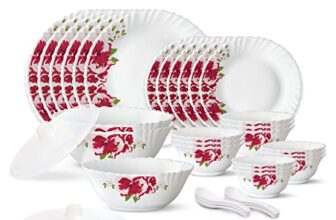 Larah by Borosil 35 Pieces Rose Red Opalware Dinner Set for Family of 6
