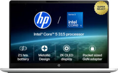 HP Omnibook 3 Next Gen AI PC, 2K OLED Intel Core 5 Series 3 315 – (12 GB/512 GB SSD/Windows 11 Home) 14-ht0242TU Laptop(14 inch, Glacier Silver Aluminum, 1.4 kg, With MS Office)