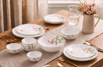 Novo By La Opala Opalware Dinner Set 35 Pieces for Family of 6, Rose Garden | Microwave & Dishwasher Safe Crockery Set for Home, Bone-Ash Free Bowls & Plates Set, Break-Resistant & Lightweight