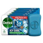 Dettol Icy Cool Bathing Soap Bar With 3x intense cooling (625gm), 125gm – Pack of 5