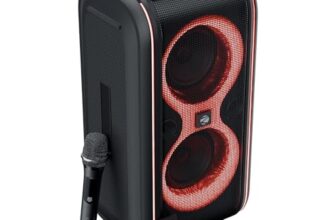 ZEBRONICS Portable Bluetooth Speaker, Upto 5 Hours Playback, Dual 16.51cm Drivers, Karaoke, TWS, BT v5.4, USB, mSD, AUX, RGB, Wireless Mic with Display, Mobile Holder (Party Fyre 90)