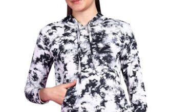 POPWINGS Women Casual Black & White Tie & Dye Printed Pocket Hooded Sweatshirt