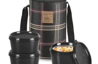 MILTON Lofty Lunch Box with Steel Cutlery, 3 Microwave Safe Inner Steel Leakproof & Airtight Containers (1 x 320 ml, 2 x 450 ml Each), with Insulated Bag, Perfect Office Tiffin, Black
