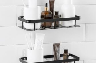 Amazon Basics Self-Adhesive Aluminium Bathroom Wall Shelf | Water-Resistant | Pack of 2 | Tool-Free Installation | Black | 30D x 13W x 5.5H cm