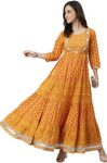 Janasya Women’s Mustard Cotton Floral Print Flared Kurta