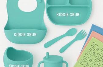 KIDDIE GRUB 7 Pcs Baby Feeding Set with Napkin BPA Free Baby Dinner Set, Silicone Feeding Set for Baby 6+ Months, Baby Weaning Set, Baby Suction Plate and Spoon Cutlery Set, Silicone bib and Bowl
