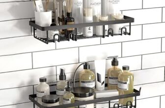 Moforoco Bathroom Organiser Without Drill | Bathroom Accessories with Hooks | Self Adhesive Bathroom Shelf for Wall | Washroom Organiser Made of Strong Quality Metal Black Pack of 2