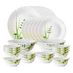 Larah by Borosil Green Herbs Opalware Dinner Set, 28 Pcs, White