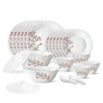 Larah by Borosil 35 Pieces Red Bud Opalware Dinner Set for Family of 6 | Microwave & Dishwasher Safe Silk Series Crockery for Dining & Gifting, Bone Ash Free Plates & Bowls