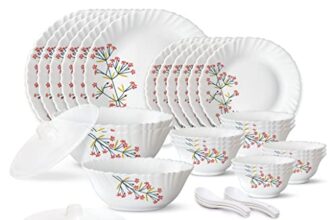 Larah by Borosil 35 Pieces Red Bud Opalware Dinner Set for Family of 6 | Microwave & Dishwasher Safe Silk Series Crockery for Dining & Gifting, Bone Ash Free Plates & Bowls