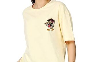 Veirdo® Pure Cotton Oversized Half Sleeve Round Neck Front Pocket Duck Printed Beige T-Shirt for Women (S)