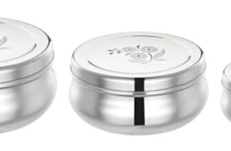 Amazon Brand – Solimo Belly Puri Dabba set | BPA-FREE | Stainless steel | Glossy finish | Set of 3