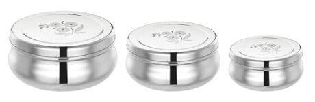 Amazon Brand – Solimo Belly Puri Dabba set | BPA-FREE | Stainless steel | Glossy finish | Set of 3