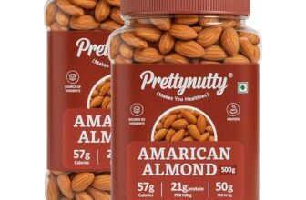 PrettyNutty American Almonds 1kg – Premium Handpicked, High-Protein Healthy Nut Snack (500g [Pack of 2])